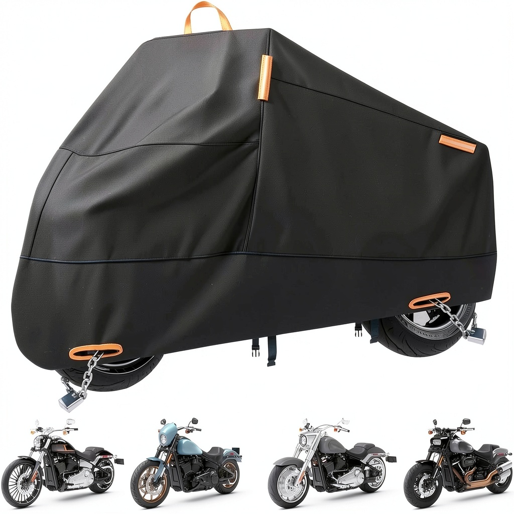 Installing StrtChrg 300D Waterproof Motorcycle Cover on a wooden garage floor