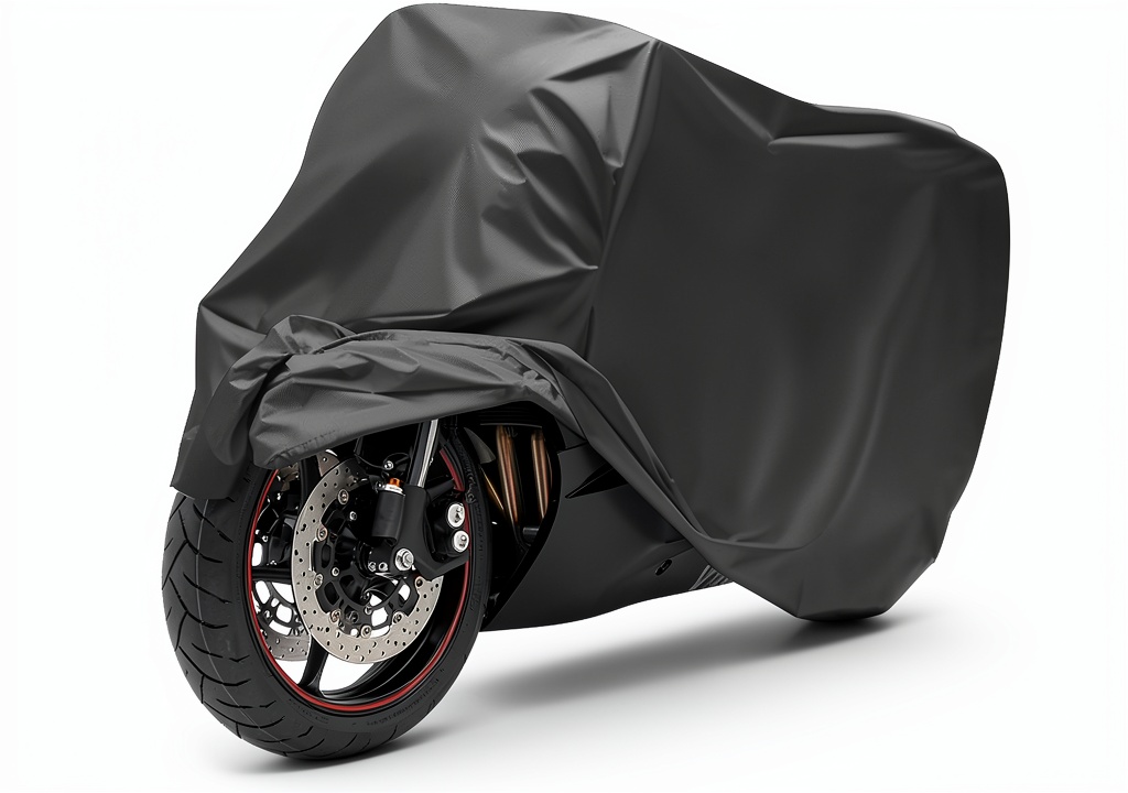 Motorcycle cover protecting a bike in rainy weather