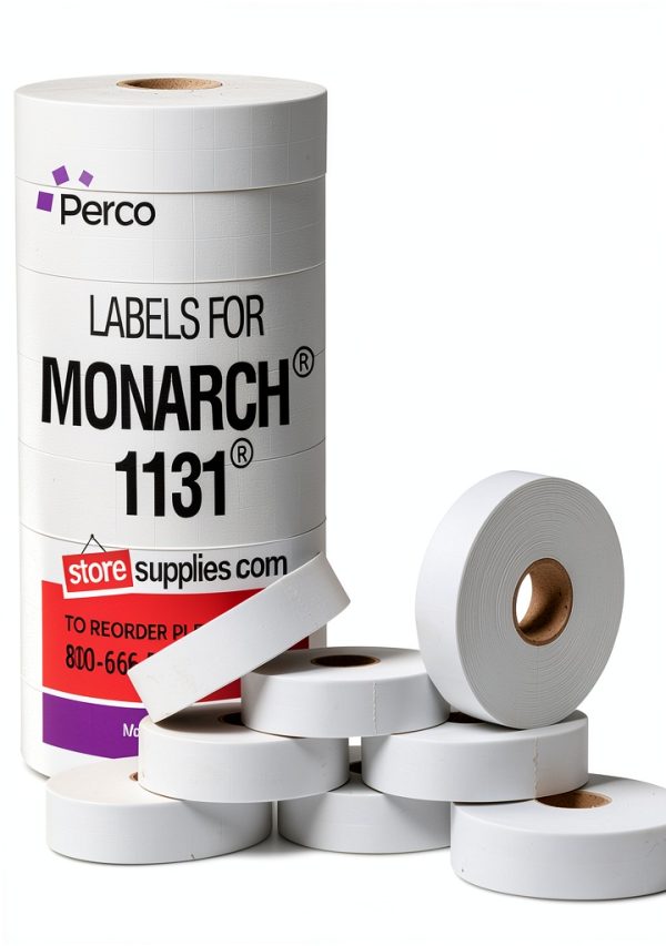 Perco White Pricing Labels for Monarch 1131 Price Gun - 1 Sleeve, 8 Rolls, 20,000 Price Marking Labels - with Ink Roll Included-0
